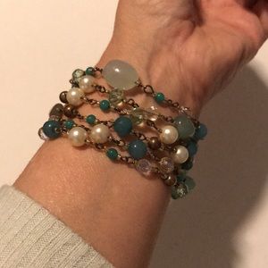 Beaded Stone Link Bracelet - Pearls and Jade Stone Vintage Look